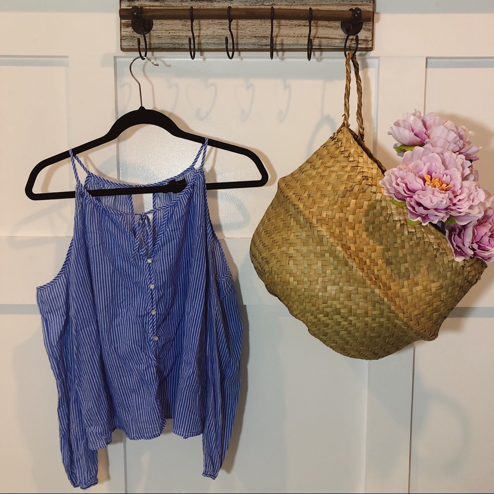 Derek Heart Blue White Stripe Cold Shoulder Top